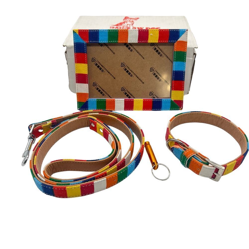 Rainbow Dog Puppy Gift Set Sm/Med Multicolor Leash 16" Collar And Frame Set NEW